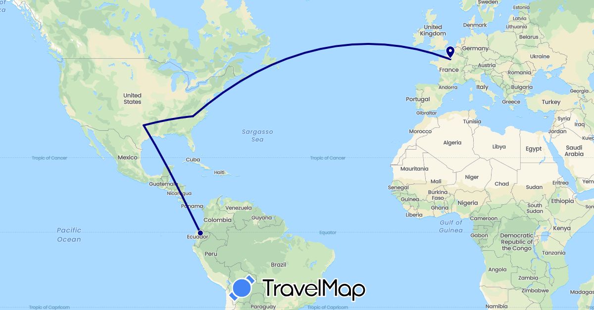 TravelMap itinerary: driving in Ecuador, France, United States (Europe, North America, South America)